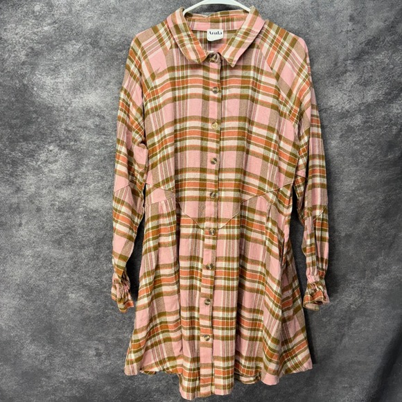 ARULA Dresses & Skirts - Arula Plaid Flannel Button Down Shirt Dress Plus Size X Pink Brown Country